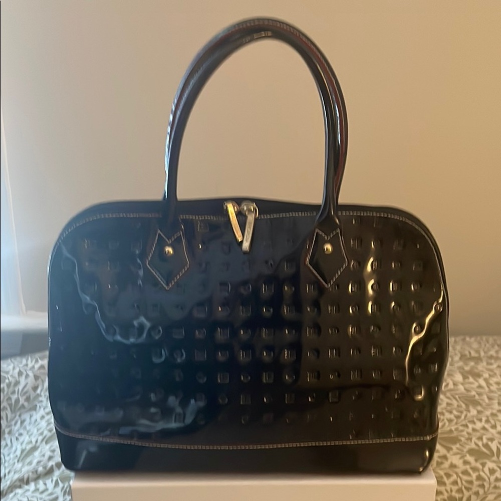 Arcadia Black Patent Leather Tote with Textured Design
